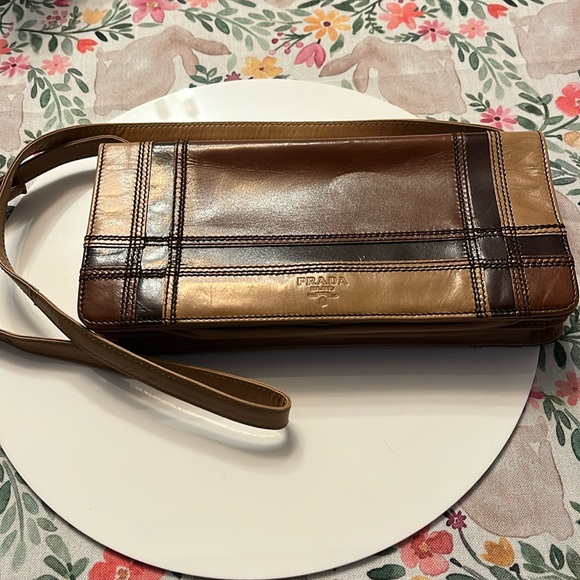 PRADA Paper Bag Princess Brown Leather Stripe Shoulder Bag - Picture 1 of 8
